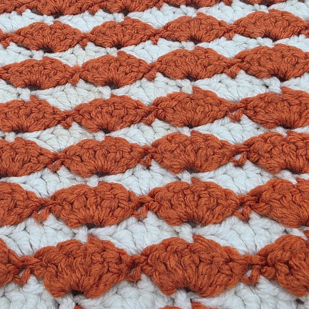 Handmade Crochet Shell Stitch Throw Blanket Burnt Orange White Striped 38x28